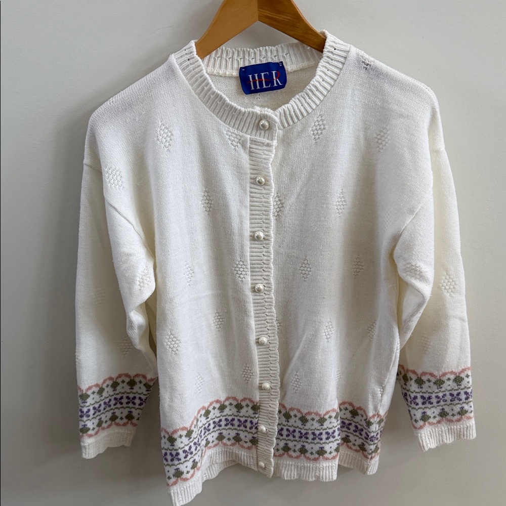 Vintage - Fair Isle Border Button-Up Cardigan in Ivory Scalloped edges Large